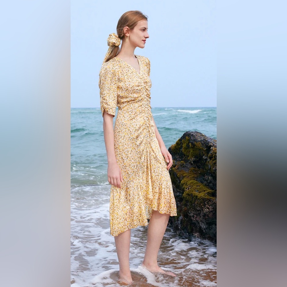 Goelia Pleated Fishtail Floral Midi Printed Dress Casual Cocktail Boho Large New